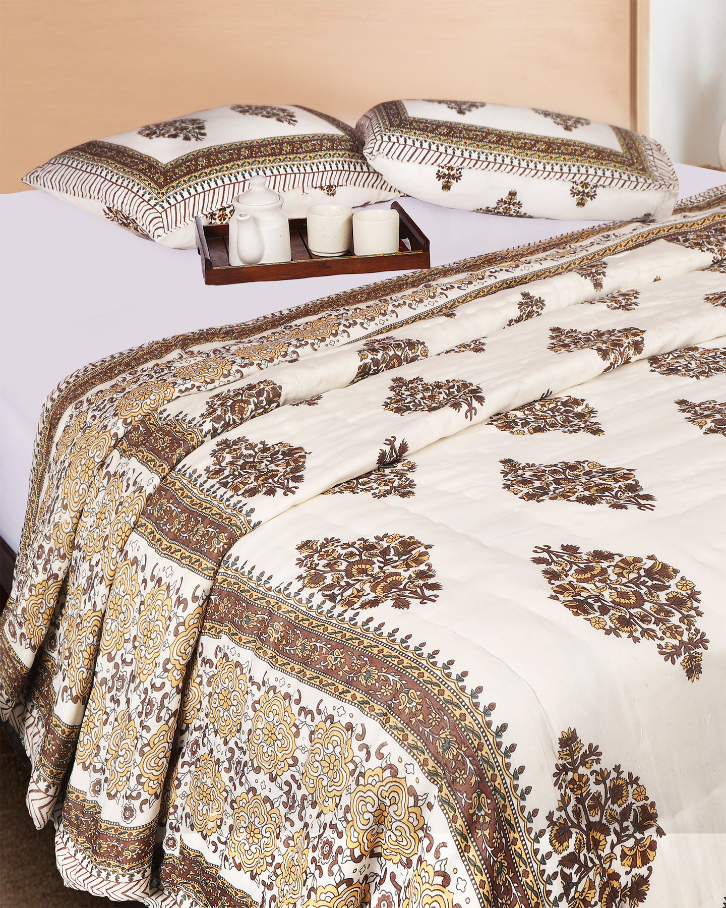 Brown Hand Block Printed Reversible Double Bed Quilt Set with Hand Quilting